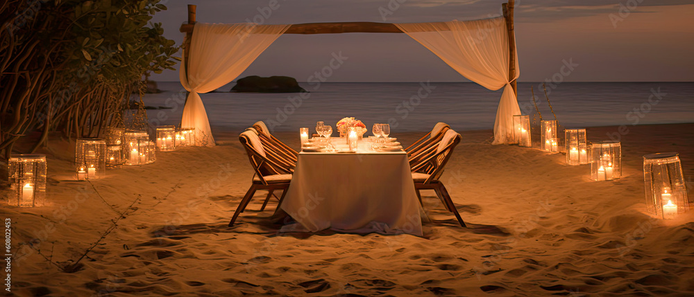 A luxury private beach romantic dinner with an lovely ocean view. The perfect dating vacation in the summer (generative AI) - obrazy, fototapety, plakaty 