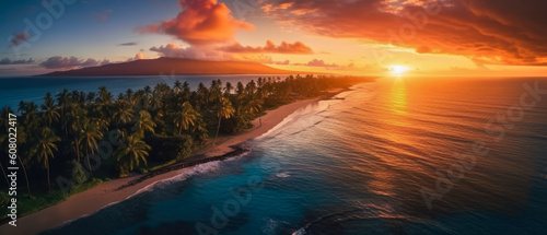  Drone panoramic shot of a tropical beach dramatic sunset. A beautiful summer vacation for enjoying nature (generative AI)