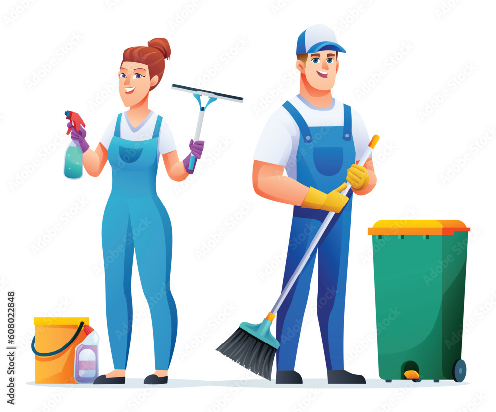 Fototapeta premium Cleaning service man and woman characters. Professional cleaning staff, janitors cartoon character