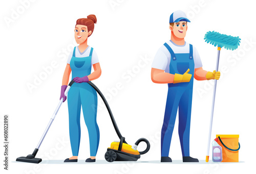 Cleaning workers man and woman characters. Professional cleaning staff, janitors cartoon character