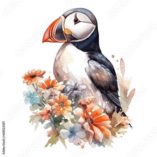 Cute puffin bird cartoon in watercolor style