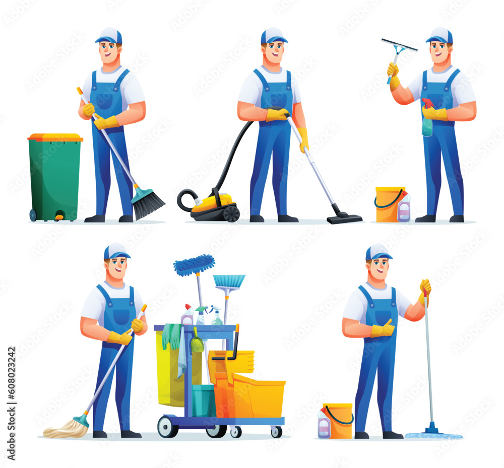 Set of cleaning service man with different equipment. Male janitor cartoon character