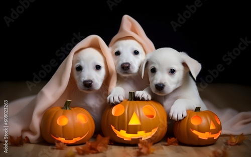 A trio of adorable puppies with Halloween pumpkin lanterns, embodying the spooky and cute essence of the holiday