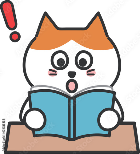 Surprised orange tabby cat while reading a book, vector illustration.