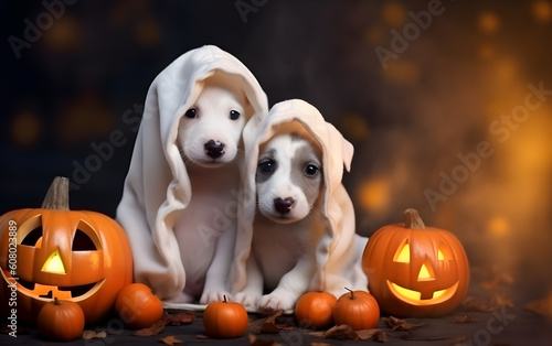 Adorable Halloween-themed puppies, bringing a cute and spooky vibe