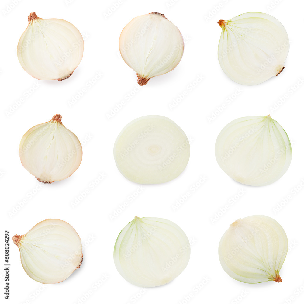 Collage with halves of fresh onions on white background Collage with halves of fresh onions on white background