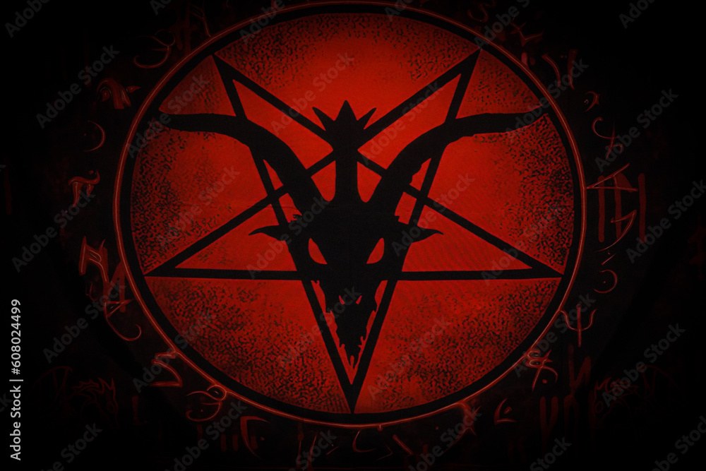 Poster Satanic Pentagram Goat Head Baphomet With Red Background And Poster Satanic Pentagram Goat Head Baphomet With Red Background And