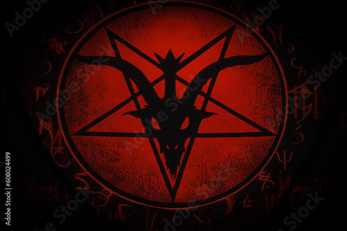 satanic pentagram goat head Baphomet with red background and satanic symbols Church of Satan religious evil religion photo