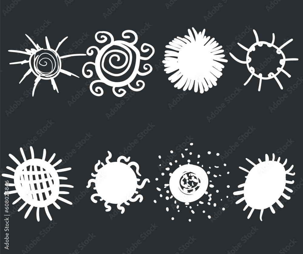 Several sun or hot star options. White flowers or bacteria, virus, microbes.