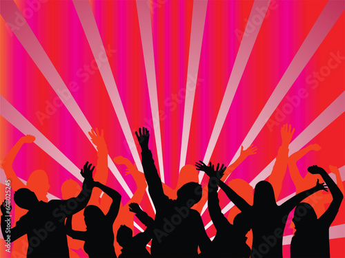 vector illustration of dancing people silhouettes on a disco background