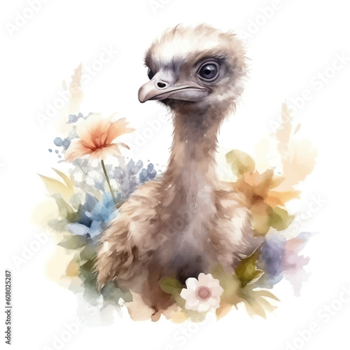 Cute baby ostrich cartoon in watercolor style