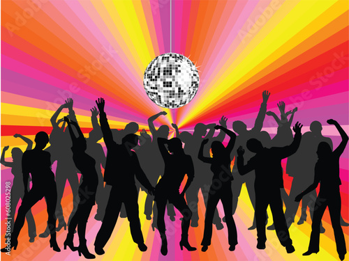 vector illustration of young people silhouettes on an abstract disco background with silver mirrow ball