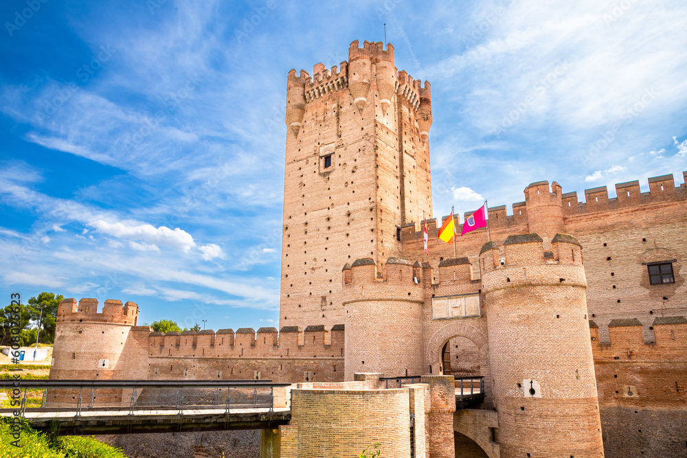 View of the western wall of the entrance of Castillo de la Mota on a sunny day, Medina del Campo, Valladolid, Spain