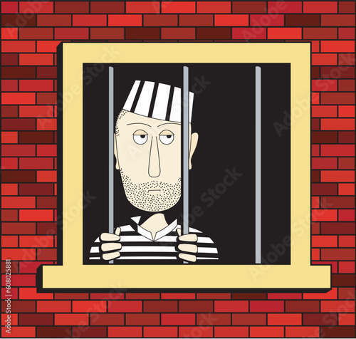 Prisoner in the barred window, illustrated in a square format
