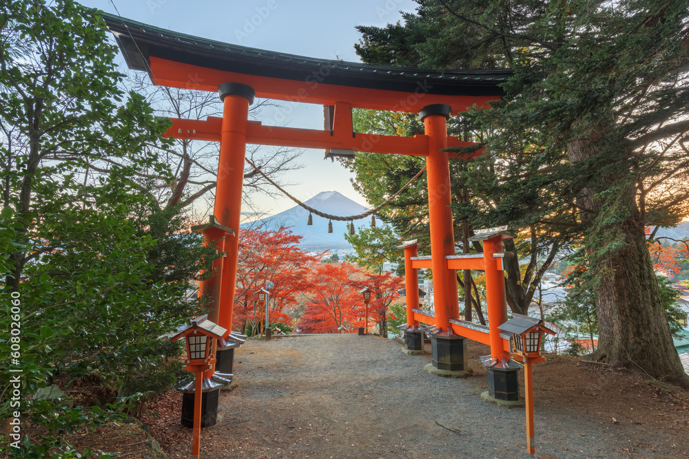 Fujiyoshida, Japan with the entrance gate to Arakura Sengen Shrine and Mt. Fuji Fujiyoshida, Japan with the entrance gate to Arakura Sengen Shrine and Mt. Fuji
