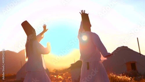 Dervish dance performed against the backdrop of nomads' yurts at sunset photo
