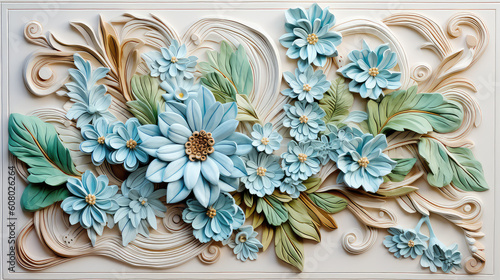 Fototapeta Naklejka Na Ścianę i Meble -  Painted wood plank carving, abstract floral design with carved wood branches, leaves, and light blue flowers, on a cream background. Abstract illustration created with Generative AI technology.