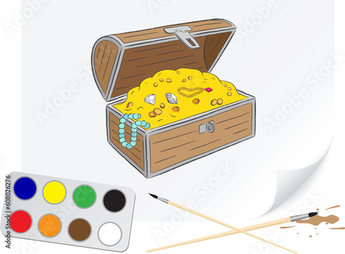 Children drawing chest of treasures a brush paints on a paper