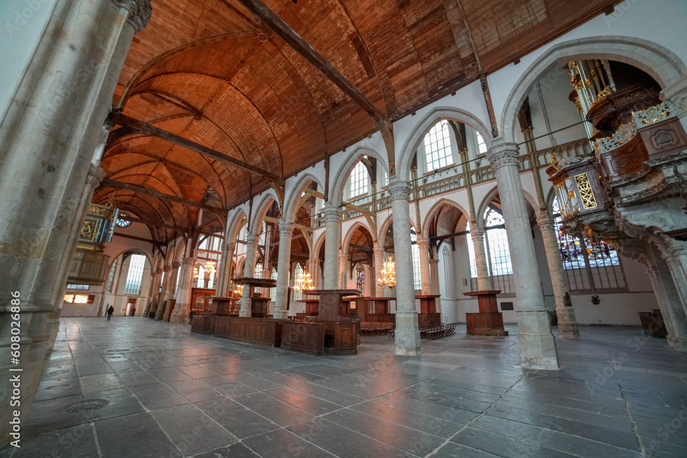Wide interior shot inside the Oude Kerk in Amsterdam
