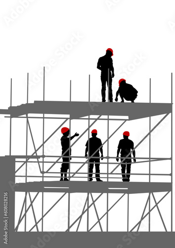 Vector drawing of building structures and worker on dais