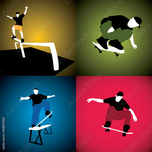 Four vector silhouettes of skateboarders.