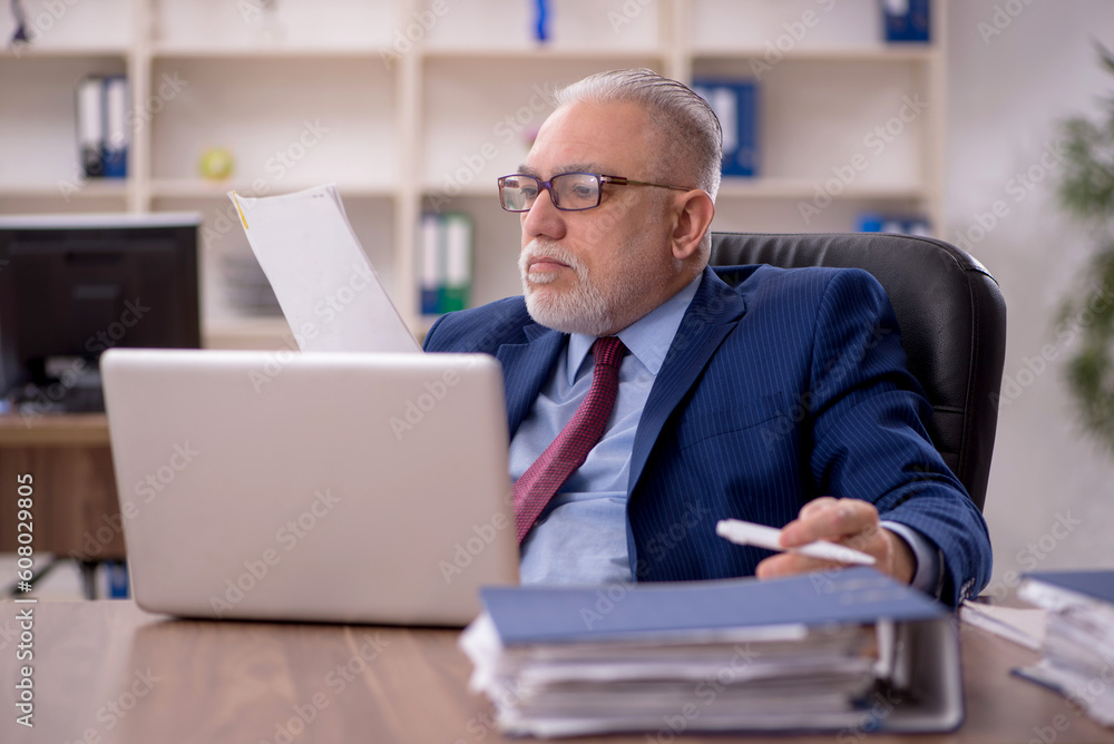 Old male employee working in the office Old male employee working in the office