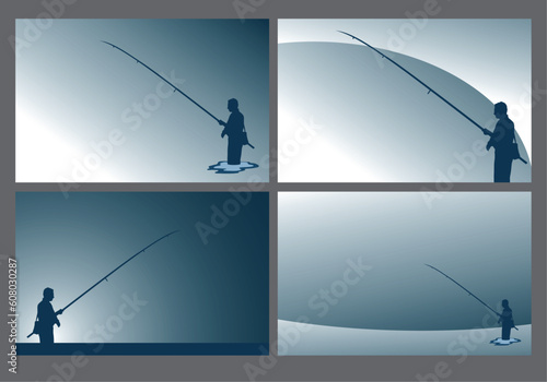 various backgrounds - silhouette of a fisherman