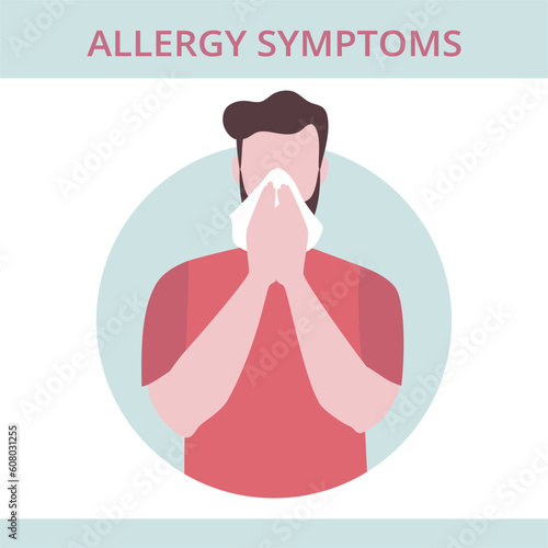 Seasonal allergy. Man sneezing from pollen and flowers allergy