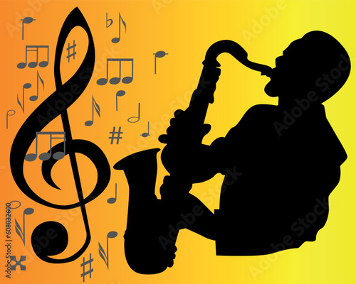 black silhouette of a saxophone player on an orange background with musical signs