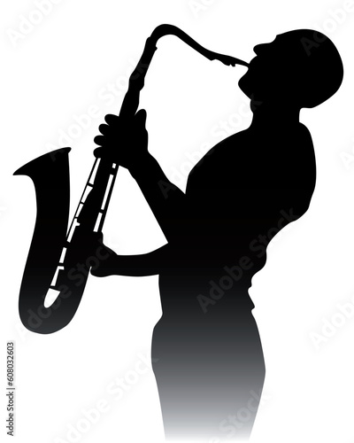 black silhouette of a saxophone player on a white background