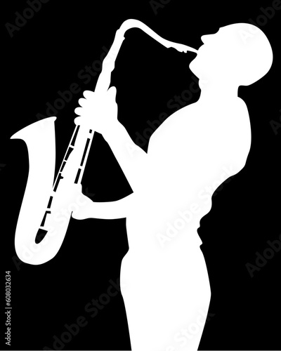 black silhouette of a saxophone player on a black background
