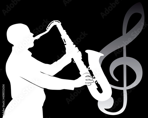 black silhouette of a saxophone player on a black background