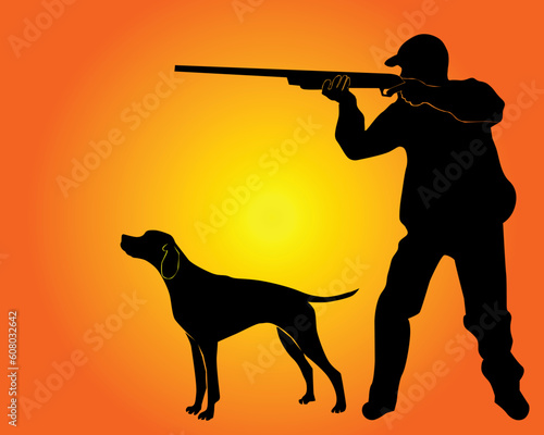 Black silhouette of the hunter with a dog on an orange background