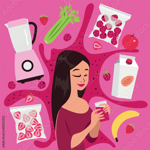 Young woman hold fresh organic berry and fruit smoothie made in blender. Summer cold refreshing drink. Vegetarian juice ingredients set. Healthy eating and lifestyle. Cartoon vector illustration.