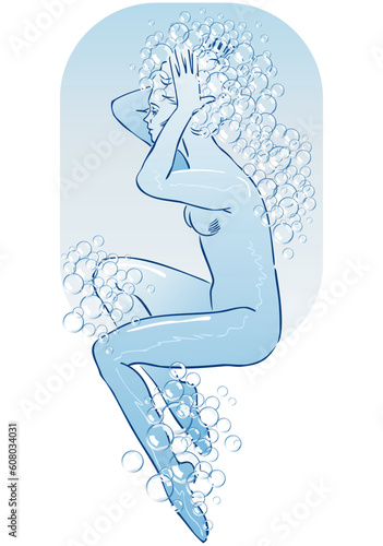Vector illustration of a woman shampooing her hair.