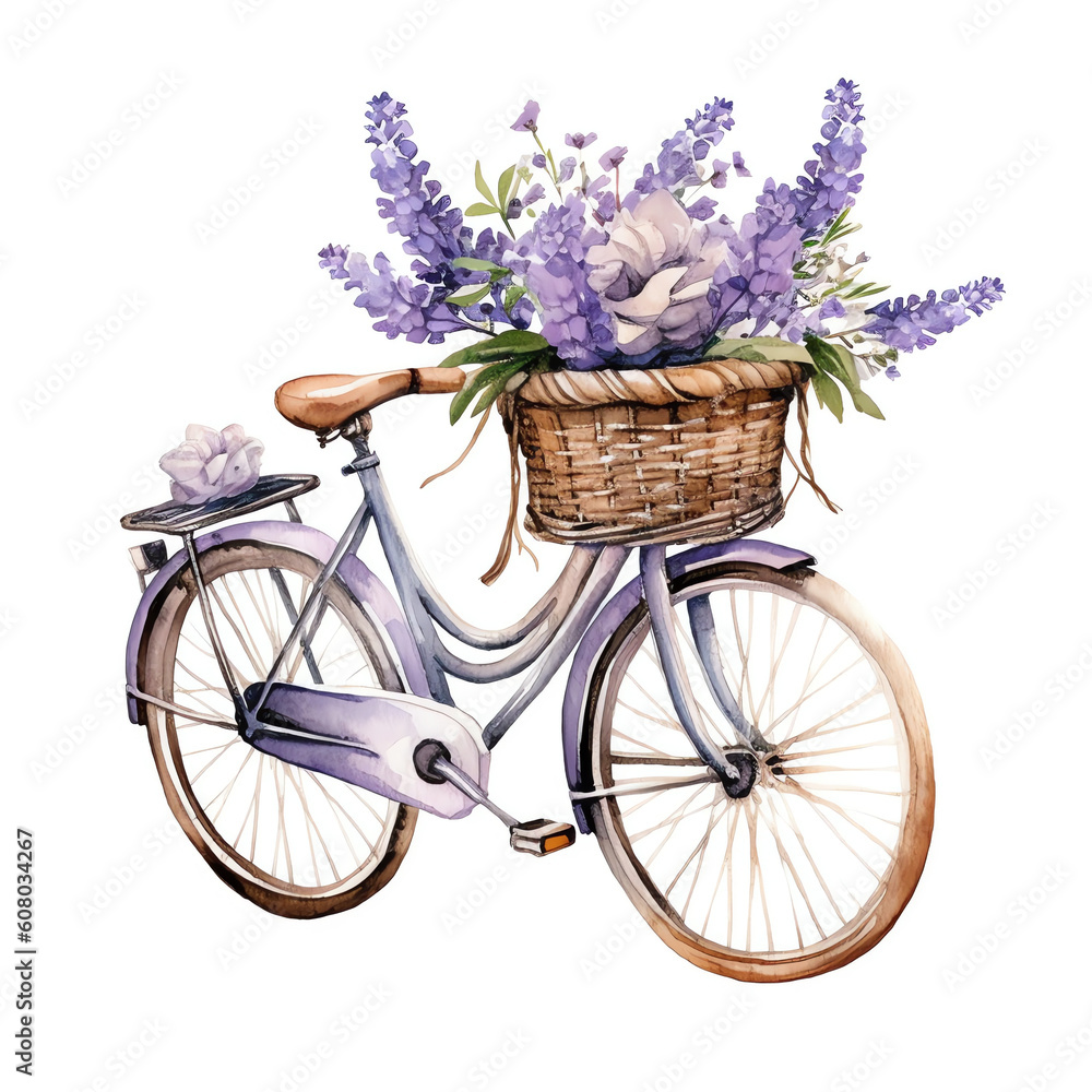 Violet Bicycle Whimsical Watercolor Illustration of Lavender Flowers and Botanical Beauty
