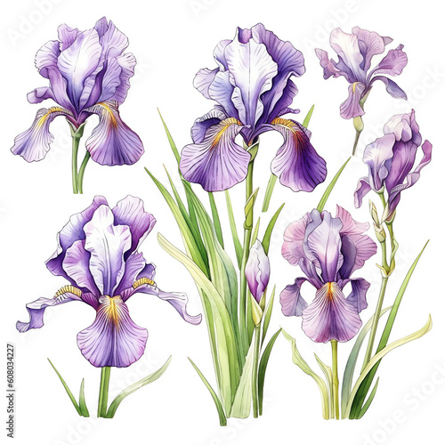 Watercolor Illustration Vibrant Irises on White Background, Delicate Botanical Beauty