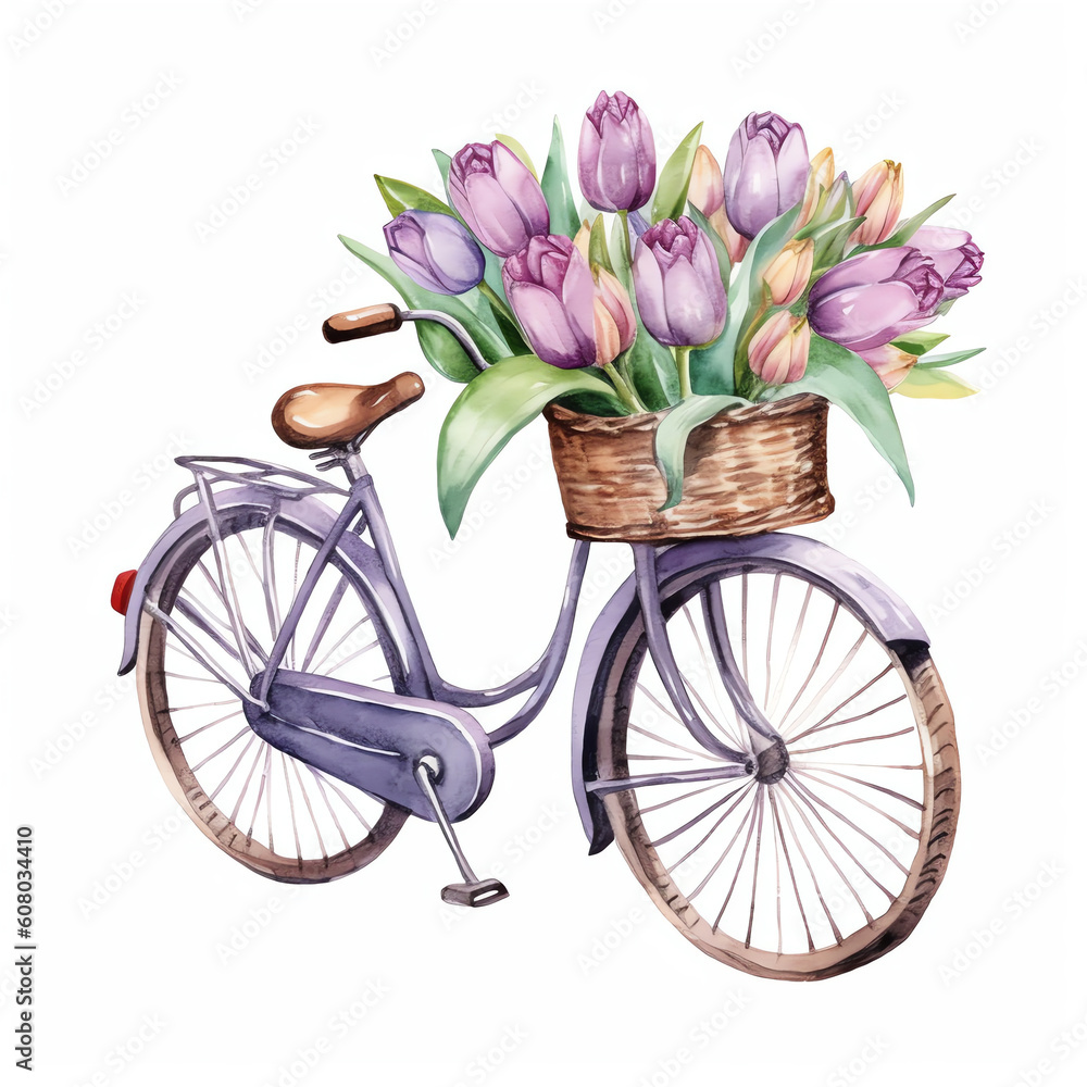 AI generated: Violet Bicycle with Tulips Flowers Bouquet in Basket - Watercolor Hand Drawn Illustration.