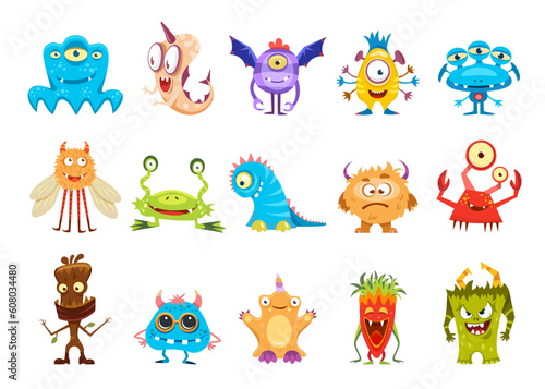 Cartoon cute funny monster characters and kids bizarre creatures, vector mutants. Silly monsters and alien animals troll, yeti and goblin with cheerful gremlin and cyclops or unicorn and furry fly