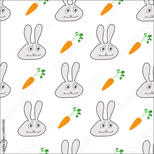 Cartoon funny hare. sample- muzzle of a hare and a carrot on a white background. Seamless pattern for fabric, wrapping paper.
