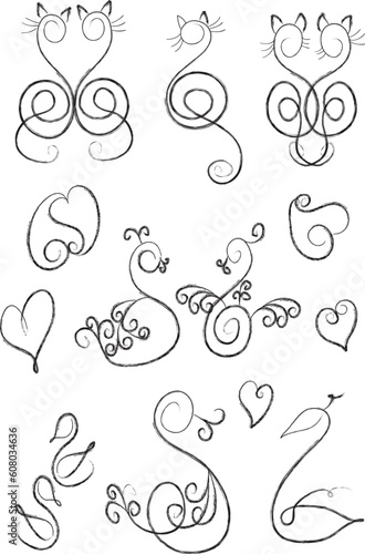 Icons:swans,hearts and cats drawn