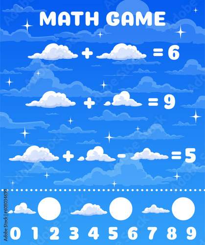 Cartoon clouds on blue sky math game worksheet. Vector mathematics riddle for children education and learning arithmetic equations. Development of calculation skills, puzzle task to learn counting