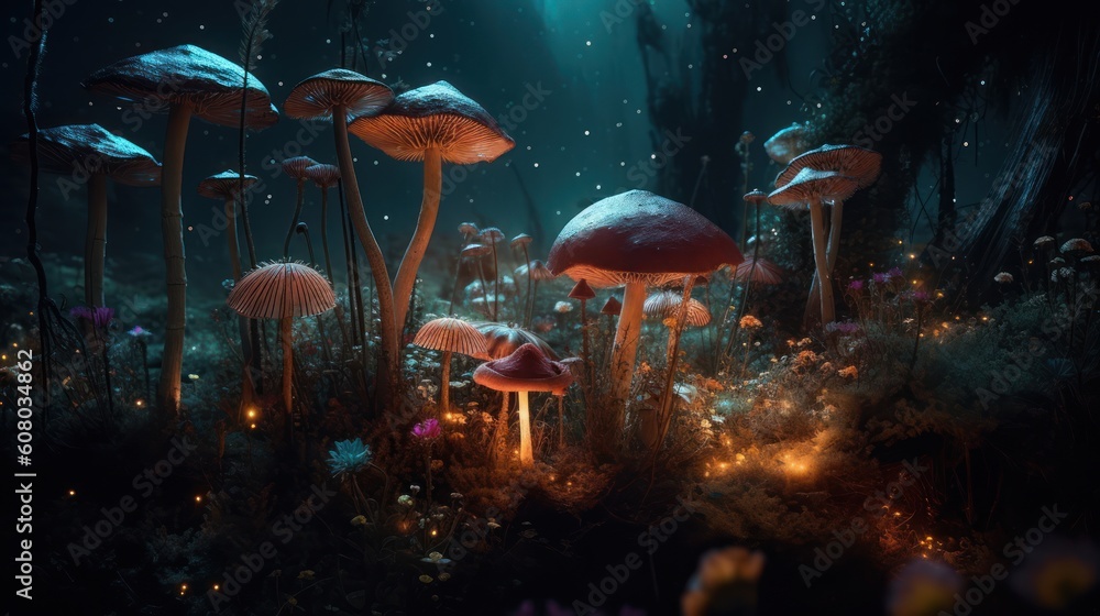 magic mushroom in the night forest
