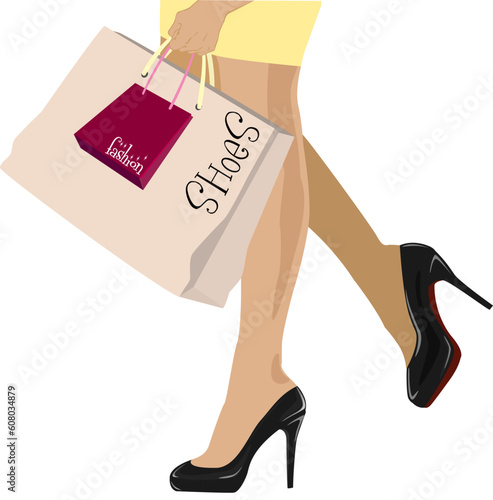 stylish girl in high heels with shopping bags