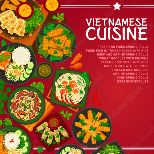 Vietnamese cuisine menu cover. Caramelized pork, shrimp, fried pork and beef spring rolls, wheat noodles with prawns, fried fish in tomato sauce and broken rice with shrimps, beef, chicken noodles