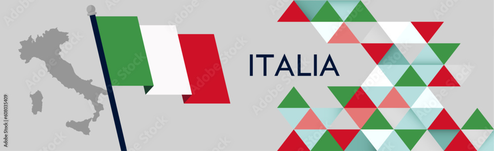 Italia national day banner design. Italian flag theme graphic triangle art web background. Abstract celebration pattern, red white green color. Italy flag geometric triangles vector illustration. Italia national day banner design. Italian flag theme graphic triangle art web background. Abstract celebration pattern, red white green color. Italy flag geometric triangles vector illustration.