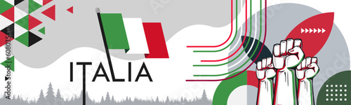 Italia national day banner design. Italian flag theme graphic art web background. Abstract celebration decoration raised fists, red white green color. Italy flag geometric vector illustration.