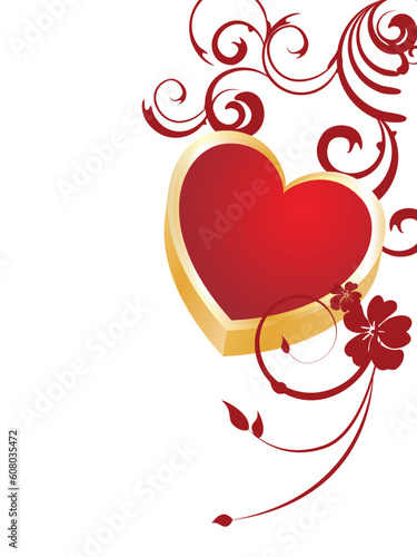 vector eps10 illustration of a red and golden heart on a floral background