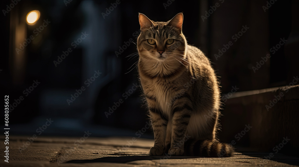 Obraz premium a cat at night on a street. Generative AI