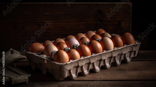 chicken eggs in a carton package isolated on dark background. Generative AI